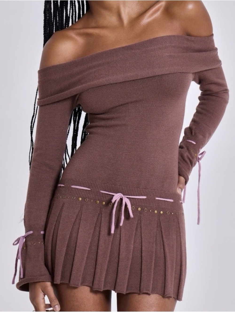 Jaded London Off-Shoulder Brown Knit Sweater Dress with Pink Ribbon Accents
